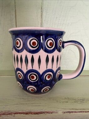 Polish pottery Hand-Painted Ceramic Mug in peacocks eye design